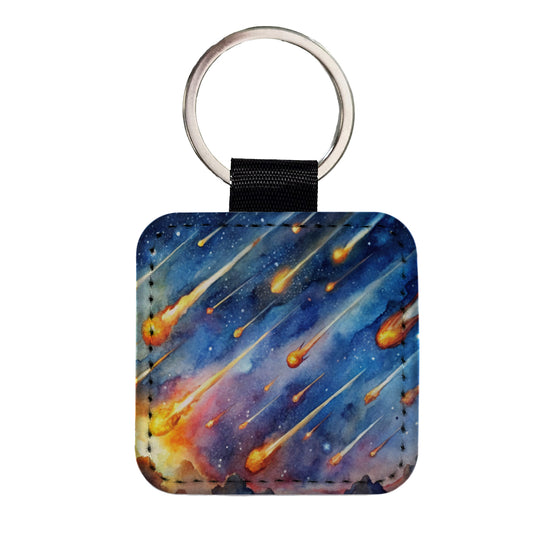 Meteors Watercolor Square Faux Leather Keychain