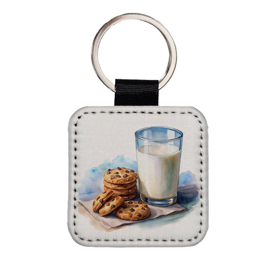 Milk Cookies Watercolor Square Faux Leather Keychain