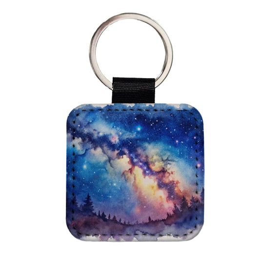 Milky Way Space Watercolor Design Stars Beautiful Square Faux Leather Keychain