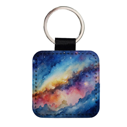 Milky Way Space Watercolor Design Stars Square Faux Leather Keychain
