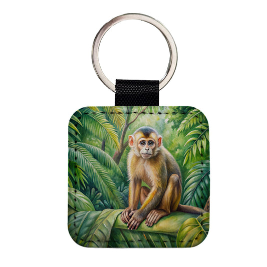 Monkey In Rainforest Watercolor Square Faux Leather Keychain