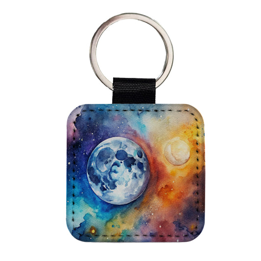 Moon Space Watercolor Design Astronomy Square Faux Leather Keychain