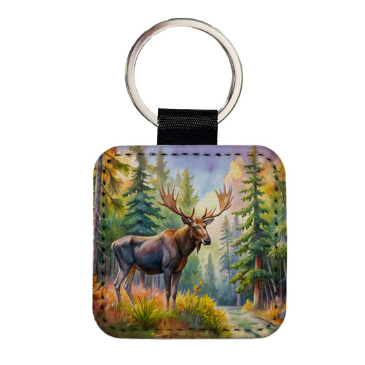Moose In Forest Watercolor Square Faux Leather Keychain