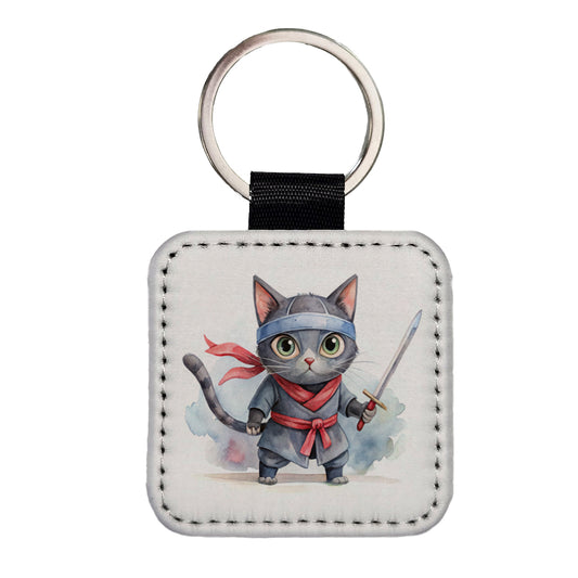 Ninja Cat Watercolor Square Faux Leather Keychain