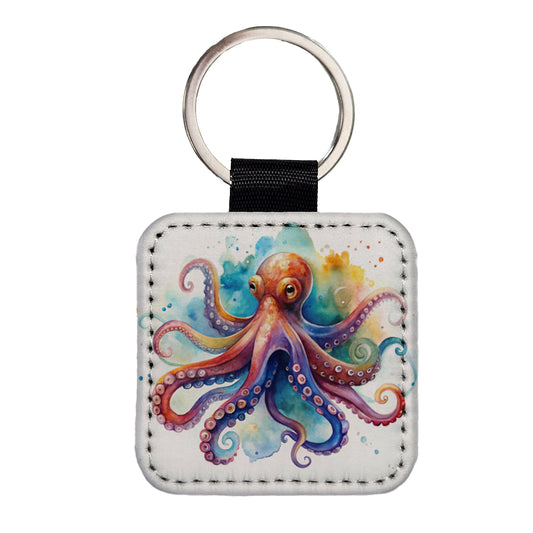 Octopus Watercolor Colorful Square Faux Leather Keychain