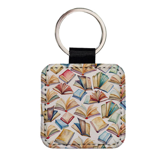 Open Books Watercolor Reader Reading Square Faux Leather Keychain