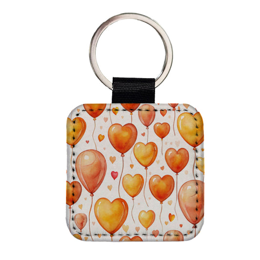 Orange Balloons Hearts Watercolor Birthday Square Faux Leather Keychain