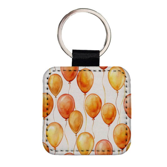 Orange Balloons Watercolor Birthday Square Faux Leather Keychain