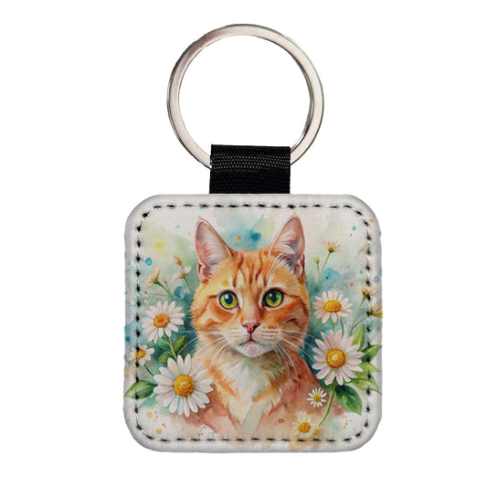 Orange Cat Watercolor Design With Daisies Square Faux Leather Keychain