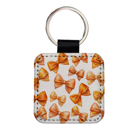 Orange Scattered Coquette Bows Watercolor Square Faux Leather Keychain