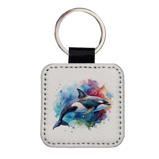 Orca Whale Colorful Watercolor Design Square Faux Leather Keychain