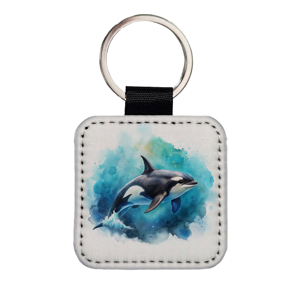 Orca Whale In Ocean Watercolor Design Square Faux Leather Keychain