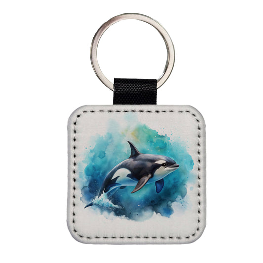 Orca Whale In Ocean Watercolor Design Square Faux Leather Keychain