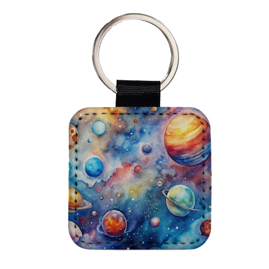Outer Space Watercolor Astronomy Square Faux Leather Keychain