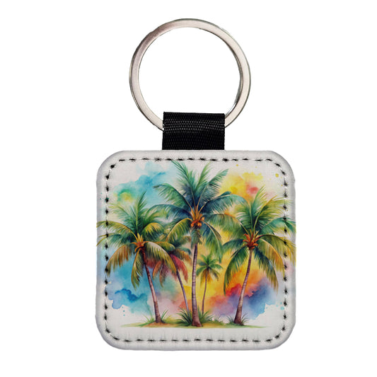 Palm Trees Tropical Watercolor Design Square Faux Leather Keychain