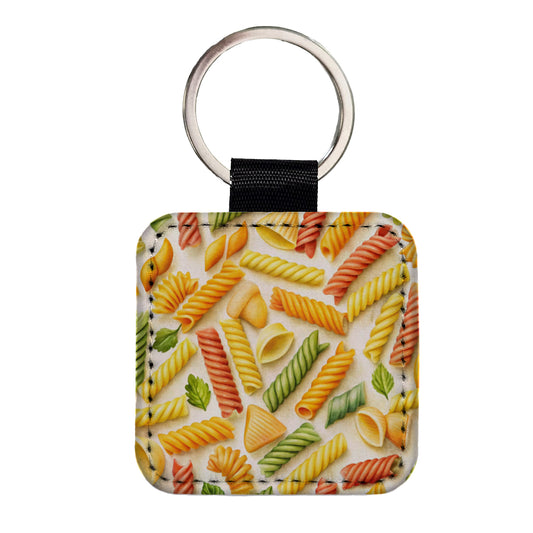 Pasta Noodles Watercolor Square Faux Leather Keychain
