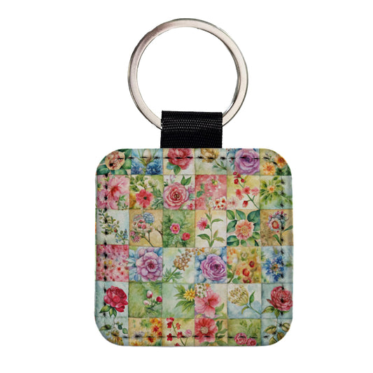 Patchwork Floral Quilt Quilter Sewing Watercolor Square Faux Leather Keychain