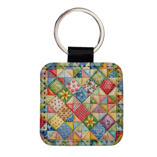 Patchwork Quilt Country Sewing Quilter Square Faux Leather Keychain