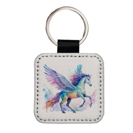 Pegasus Greek Mythology Watercolor Design Square Faux Leather Keychain