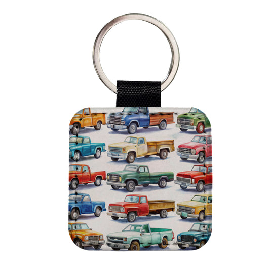 Pickup Trucks Watercolor Square Faux Leather Keychain