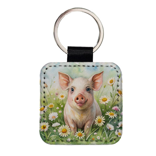 Pig In Daisies Watercolor Design Square Faux Leather Keychain