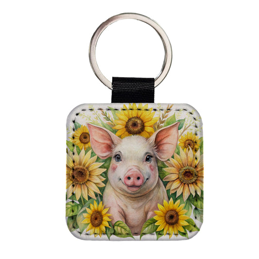 Pig In Sunflowers Watercolor Design Square Faux Leather Keychain