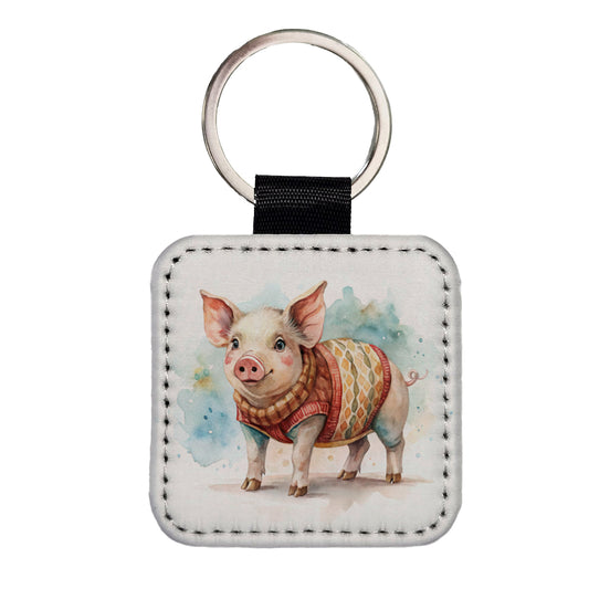 Pig Wearing A Sweater Watercolor Square Faux Leather Keychain