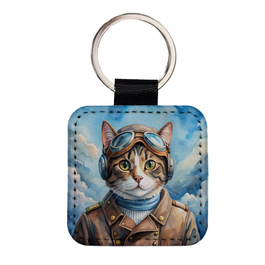 Pilot Cat Watercolor Square Faux Leather Keychain