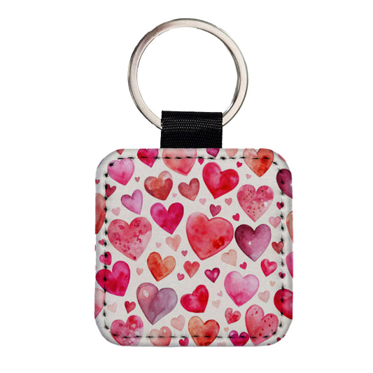 Pink And Red Scattered Hearts Watercolor Square Faux Leather Keychain