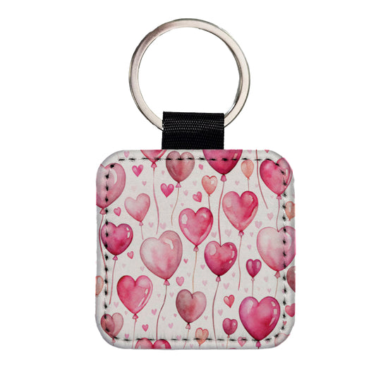 Pink Balloons Hearts Watercolor Birthday Valentine's Love Square Faux Leather Keychain