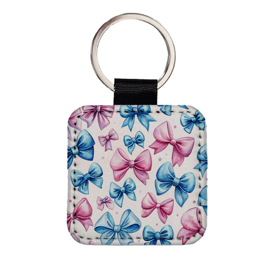 Pink Blue Scattered Coquette Bows Watercolor Square Faux Leather Keychain