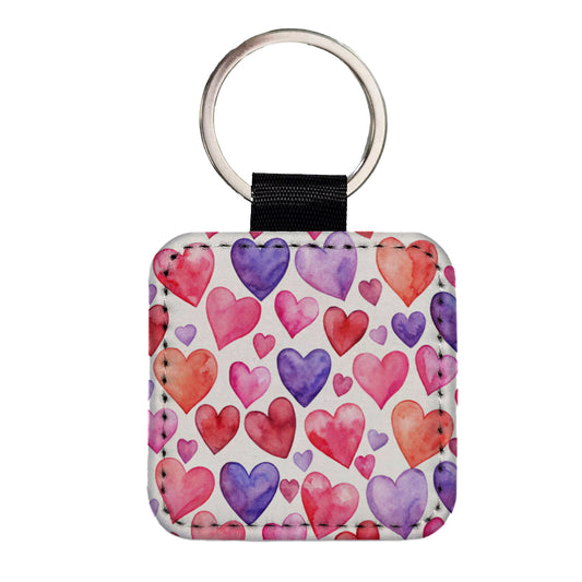 Pink Red Purple Hearts Watercolor Square Faux Leather Keychain