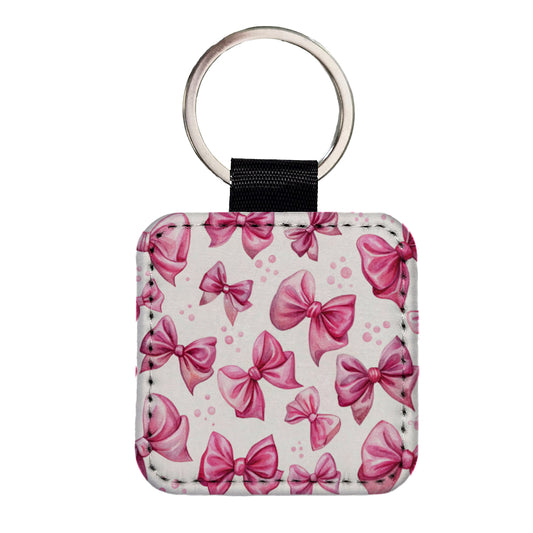 Pink Scattered Coquette Bows Watercolor Square Faux Leather Keychain