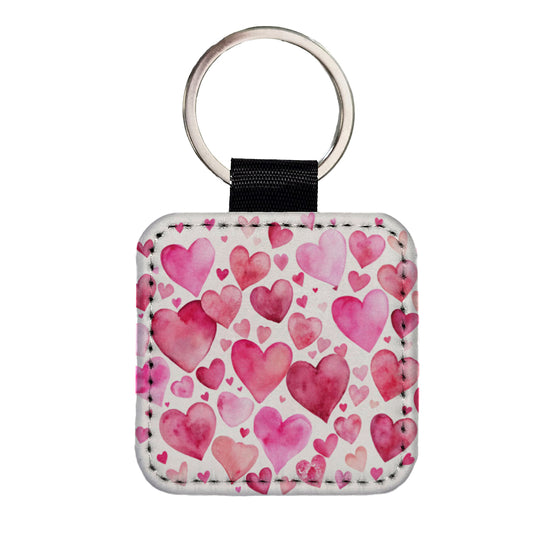 Pink Scattered Hearts Love Valentines Anniversary Watercolor Square Faux Leather Keychain