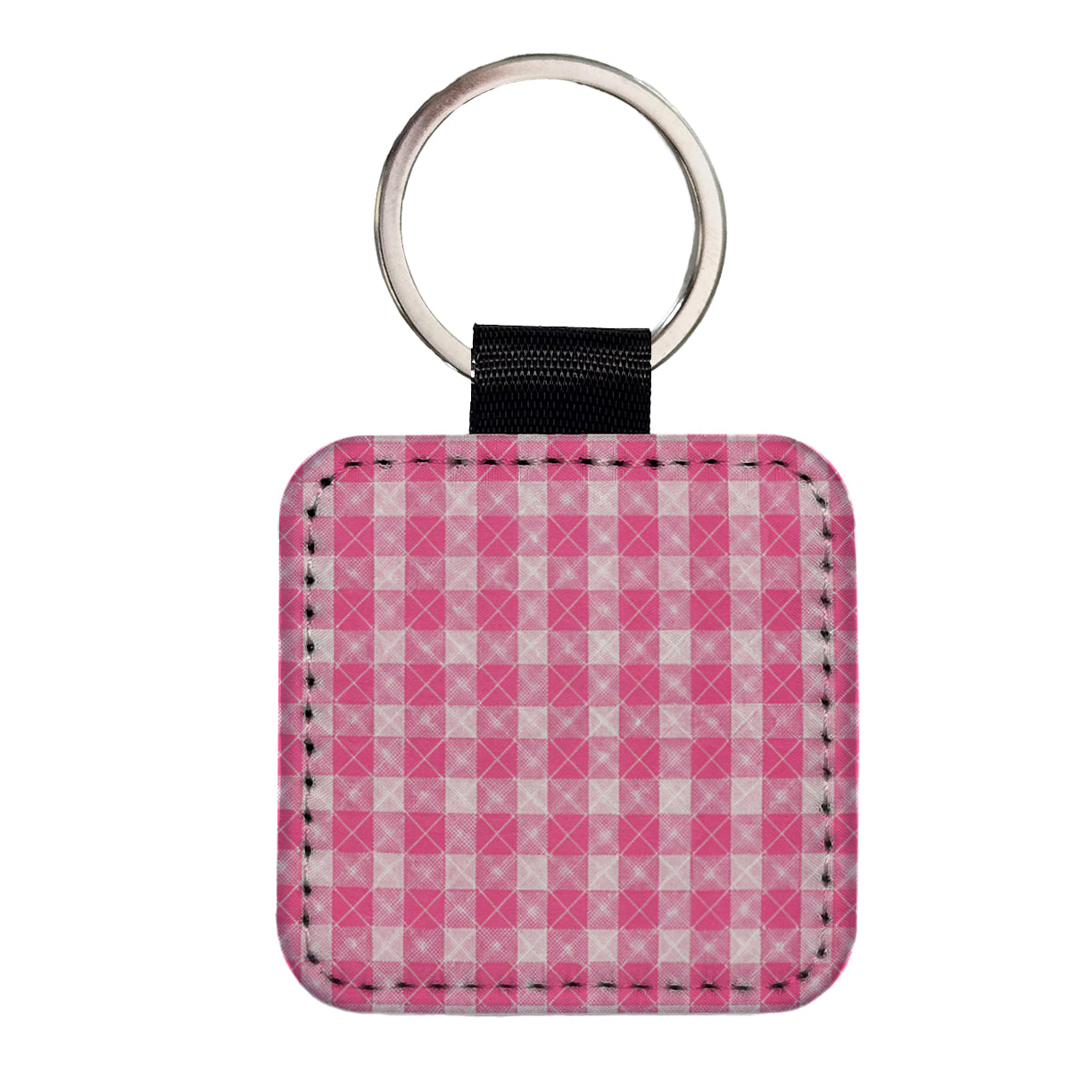 Pink White Gingham Watercolor Square Faux Leather Keychain