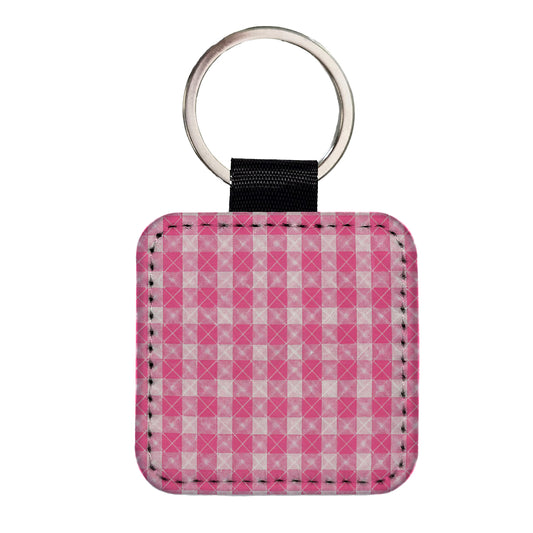 Pink White Gingham Watercolor Square Faux Leather Keychain