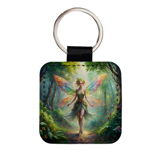 Pixie Fairy Forest Fantasy Beautiful Watercolor Square Faux Leather Keychain