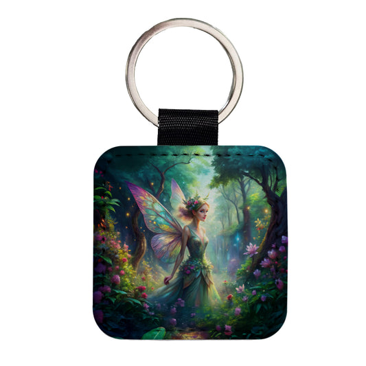 Pixie Fairy Forest Fantasy Watercolor Design Square Faux Leather Keychain