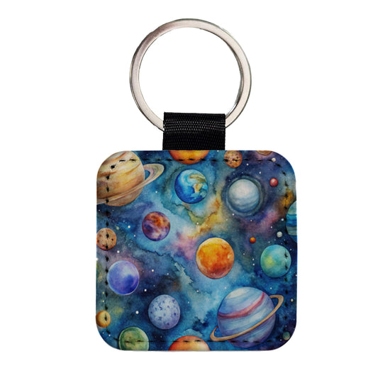 Planets Outer Space Astronomy Watercolor Square Faux Leather Keychain