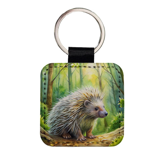 Porcupine In Forest Watercolor Square Faux Leather Keychain