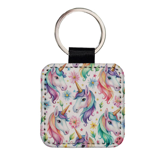 Pretty Unicorn Faces Watercolor Square Faux Leather Keychain