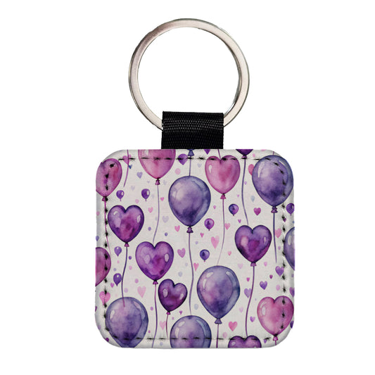 Purple Balloons Hearts Watercolor Birthday Square Faux Leather Keychain