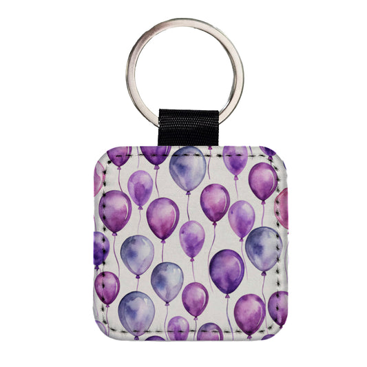 Purple Balloons Watercolor Birthday Square Faux Leather Keychain