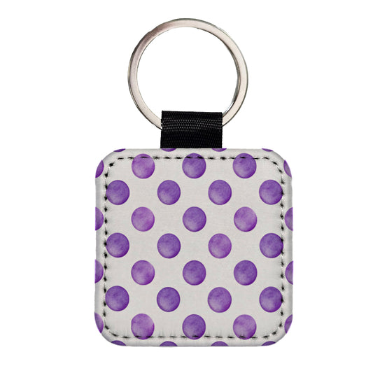Purple Polka Dots White Background Square Faux Leather Keychain