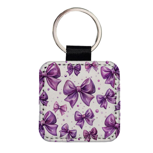 Purple Scattered Coquette Bows Watercolor Square Faux Leather Keychain