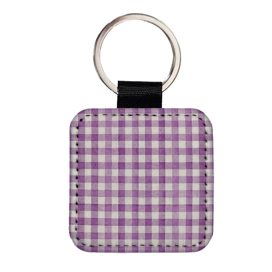 Purple White Gingham Watercolor Square Faux Leather Keychain