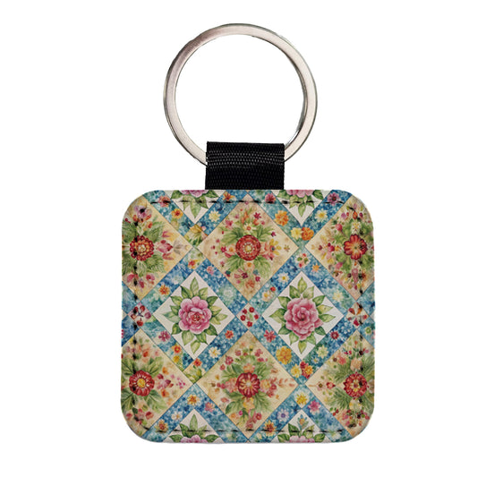 Quilt Floral Pattern Quilter Sewing Square Faux Leather Keychain