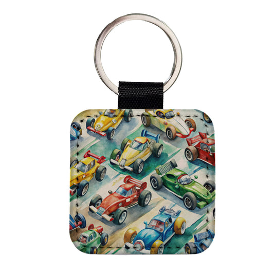 Race Cars Watercolor Square Faux Leather Keychain