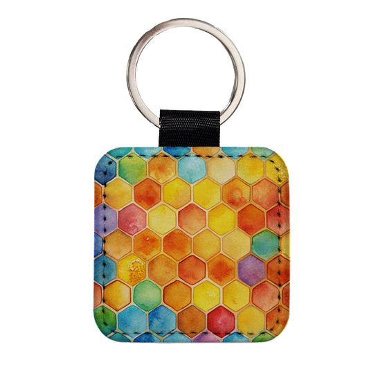 Rainbow Honeycomb Background Watercolor Square Faux Leather Keychain