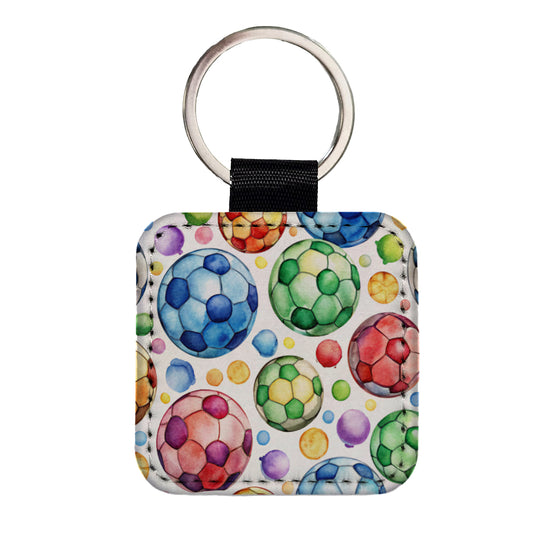 Rainbow Soccer Balls Watercolor Football Square Faux Leather Keychain